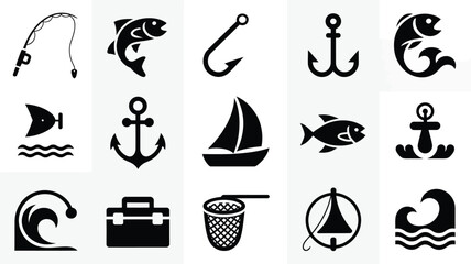 Fishing icons set featuring rods fish hooks anchors and boating equipment vector design. © Somiran