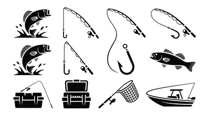 Large set of fishing symbols featuring multiple rods nets tackle boxes and fish silhouettes. © Somiran
