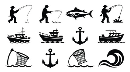 Fishing boat silhouettes and nautical icons including nets anchors and waves for graphic. © Somiran