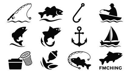 Fishing and boating silhouette icon collection including fish hook boat anchor and nets. © Somiran