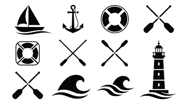 Collection of marine vector icons including sailboat anchor life buoy oars and lighthouse.