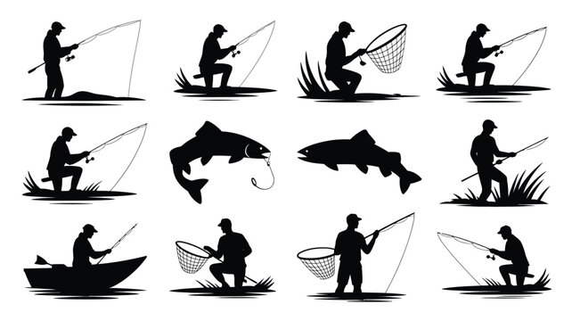 Fishing silhouettes vector set, various fisherman and fish on water in nature environment.