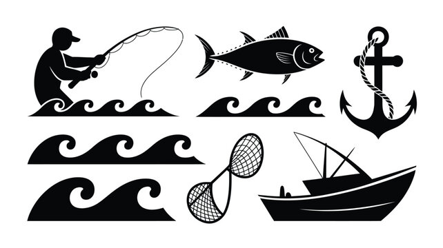 Fishing black icon set on white background vector illustration fish hook lure fishing rod boat anchor waves fisherman.