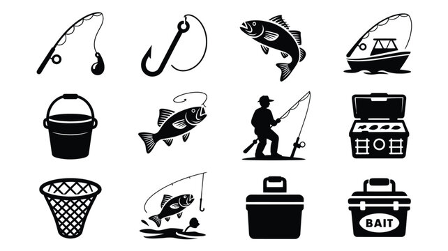Fishing icons bucket net bait box fish rod person boat gear object.