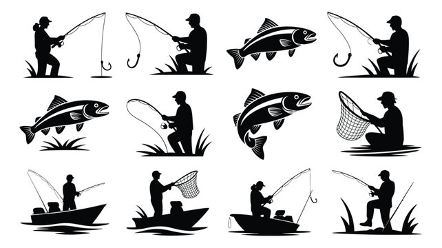 Fishing activity vector silhouettes set, various fishermen with equipment and fish in nature.