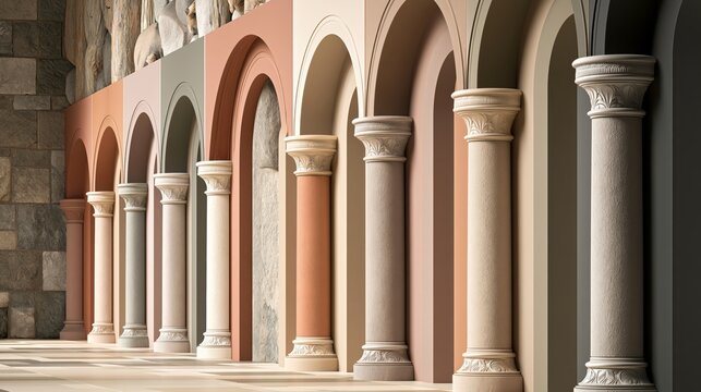 Colorful architectural arches with classical columns in modern interior