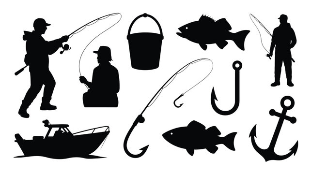 Silhouette collection of fishing activities with anglers boat bucket fish and gear items.