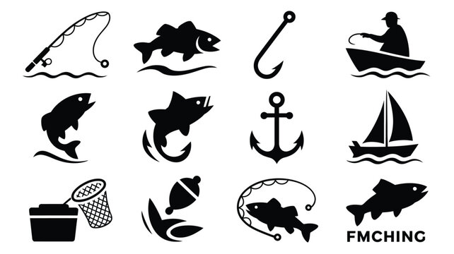Fishing and boating silhouette icon collection including fish hook boat anchor and nets.