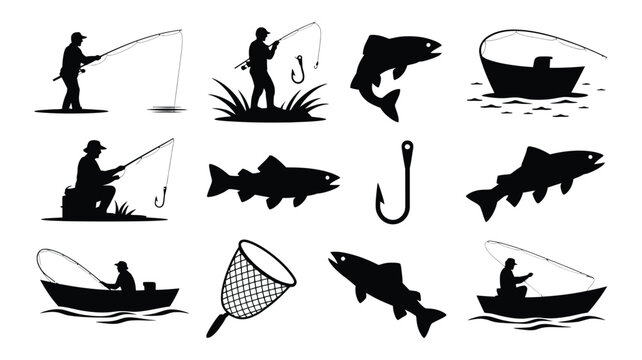 Fishing silhouette icons man boat fish hook net bait box outdoor activity.