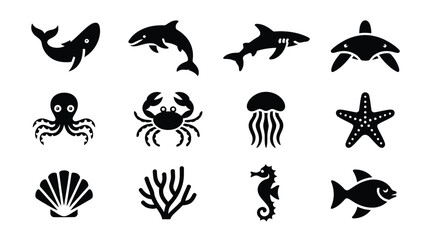 Marine animal silhouette icons set including whale dolphin shark octopus crab and coral. © Somiran