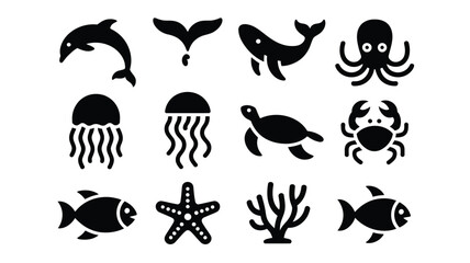 Set of isolated sea creatures and ocean life icons including whales jellyfishes and crab. © Somiran