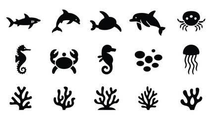 Collection of various underwater sea creatures and ocean plants flat vector icon design. © Somiran