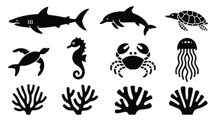 Set of marine life icons including shark turtle dolphin crab seahorse jellyfish and coral. © Somiran