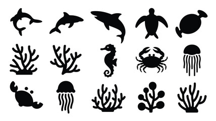 Oceanic creatures and marine plants vector icons dolphin whale crab. © Somiran