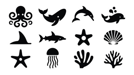 Marine animal and plant icons octopus whale shark dolphin starfish. © Somiran