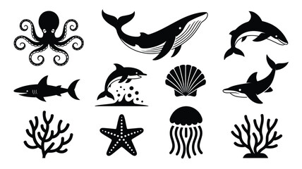 Ocean dwellers whale shark dolphin octopus coral starfish jellyfish illustrations. © Somiran