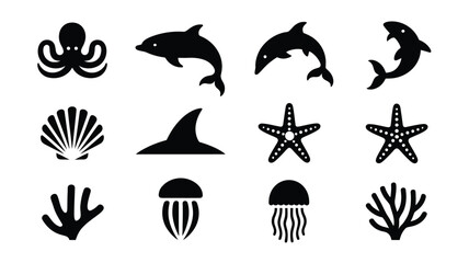 Underwater ocean life icons set with octopus shark dolphins starfish. © Somiran