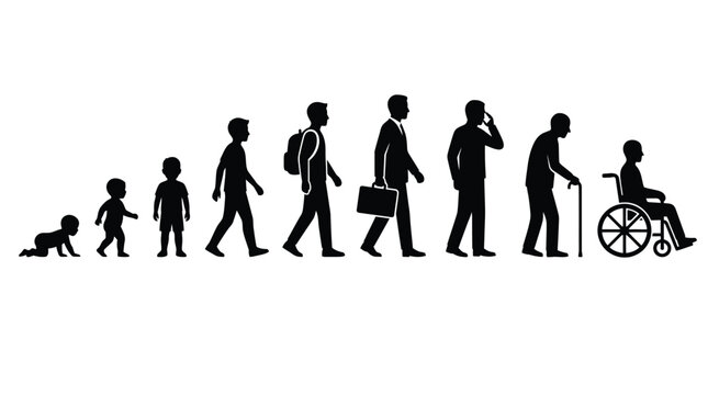 Minimalist black vector illustration showing human life cycle stages from infancy to old age progression