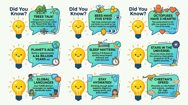 A collection of educational infographics featuring light bulb icons and fun facts