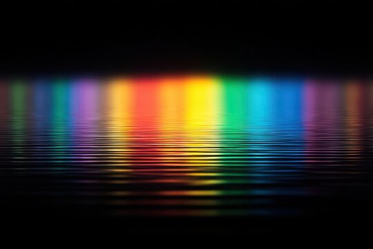 Vibrant abstract reflection of colorful lights on calm water surface.