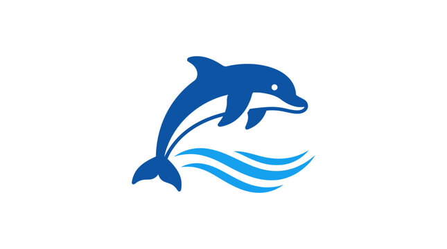 A simple blue graphic illustration of a jumping dolphin in the ocean water