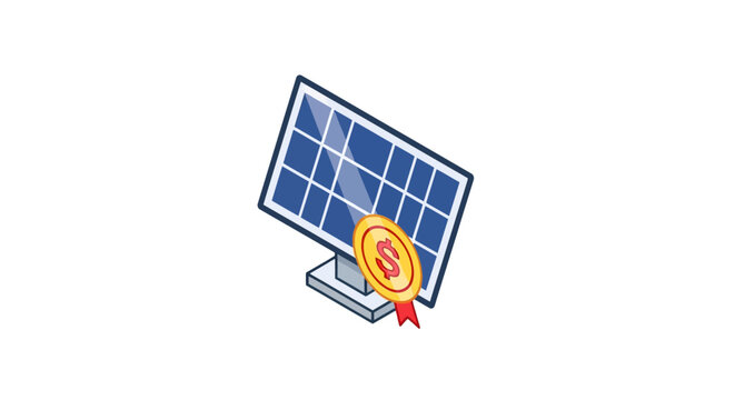 Solar panel with a dollar coin, illustrating green energy investment and financial incentives