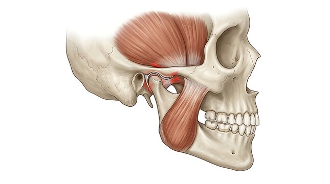 Human skull anatomy showing jaw muscles and joint inflammation