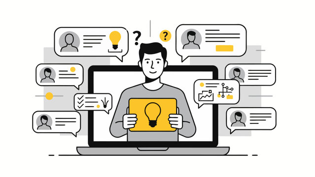 Online Idea Discussion Flat Vector Illustration With Creator, Laptop Screen, Feedback Bubbles, Knowledge Sharing