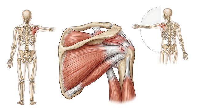 Anatomical shoulder illustration showing rotator cuff muscle tear