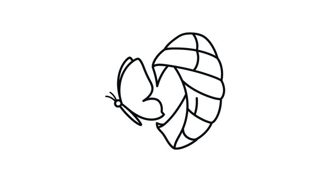 Minimalist monochrome line art illustration of butterfly and abstract cocoon shape