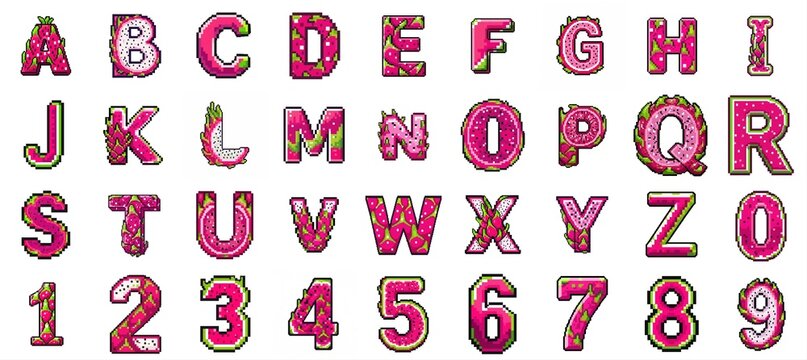 Pixel Art Dragon Fruit Alphabet and Numbers Collection