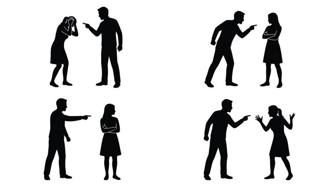 Black vector illustration showing a man and woman having a heated argument with aggressive gestures