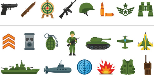 Military Defense Icon Set Featuring Weapons Vehicles Tactical Gear Aircraft and Combat Equipment Symbols © MdSumon