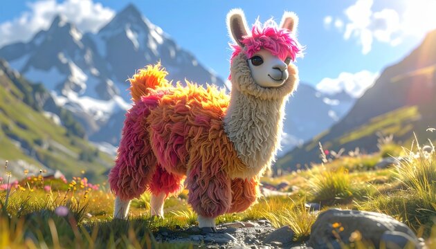 A colorful llama standing on a rock in a field of flowers with mountains.