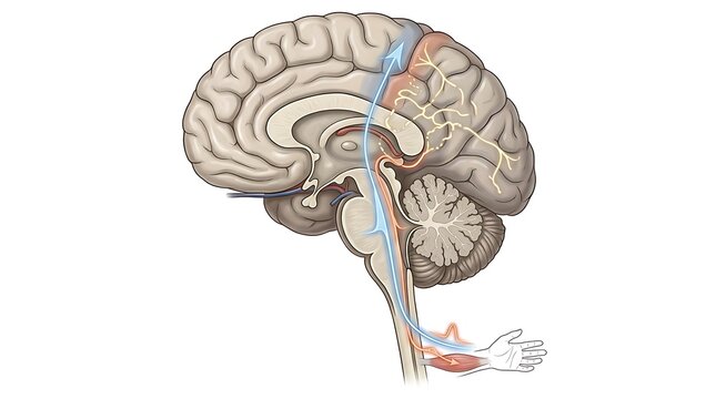 Human brain sensory and motor pathway diagram with hand stimulus