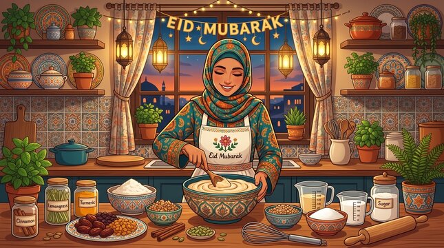 A Muslim family giving Eidi holiday money gifts to happy children in a decorated living room, flat vector illustration for Eid al-Fitr and Eid al-Adha