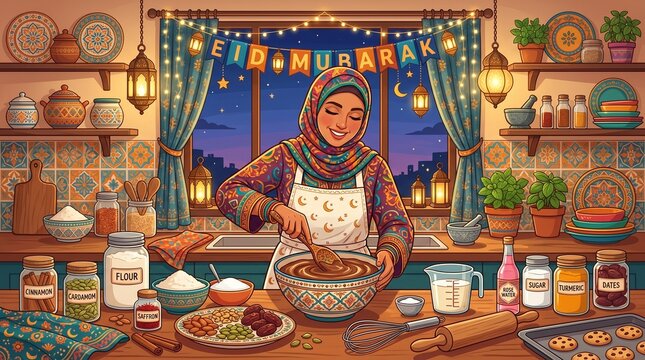 A Muslim family giving Eidi holiday money gifts to happy children in a decorated living room, flat vector illustration for Eid al-Fitr and Eid al-Adha