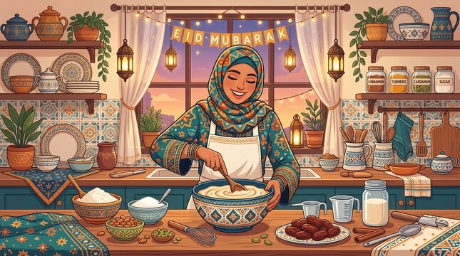 A Muslim family giving Eidi holiday money gifts to happy children in a decorated living room, flat vector illustration for Eid al-Fitr and Eid al-Adha