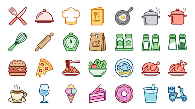 Chef Cooking and Fresh Ingredients Icons Set