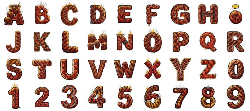 Grilled Meat Alphabet and Numbers with Barbecue and Fire Elements
