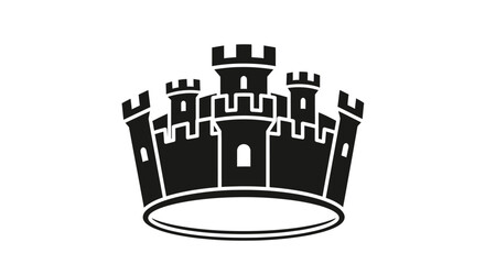 Black castle emblem with crown base on white background, heraldic symbol © yanto