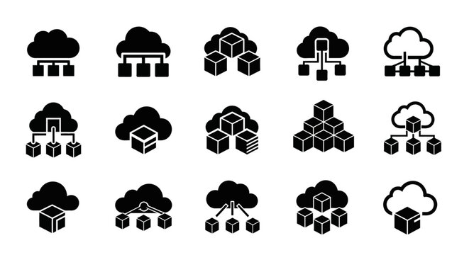 Cloud storage data center icons set.