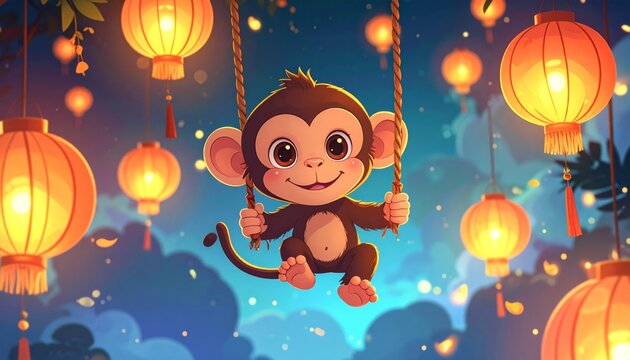 A cartoon monkey swinging amidst glowing lanterns.