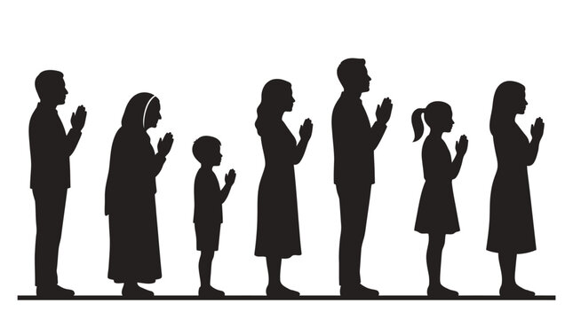 Minimalist vector illustration showing a diverse group of people standing in prayer with folded hands