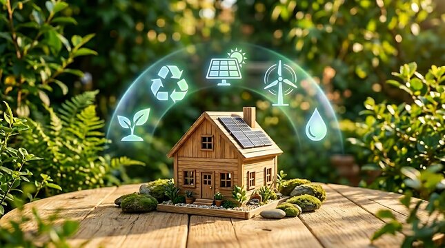Wooden house model with solar panels surrounded by green glowing ecological icons symbolizing sustainable and eco friendly environment