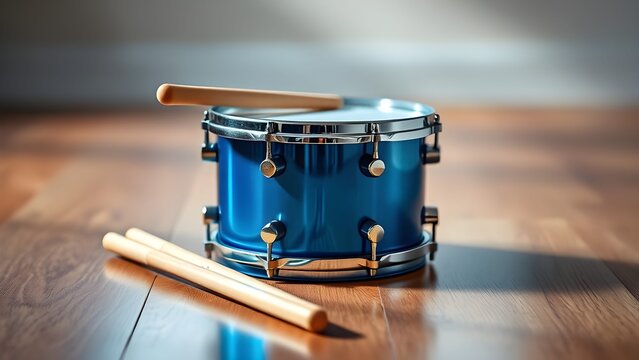 shiny metallic blue toy drum with two wooden drumsticks