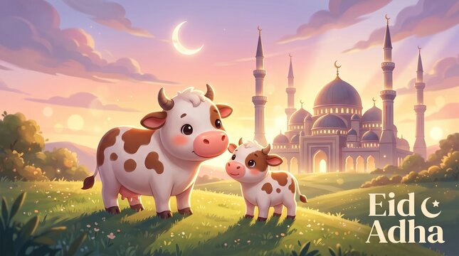 Cute cartoon cows stand in a grassy field with a mosque in the background