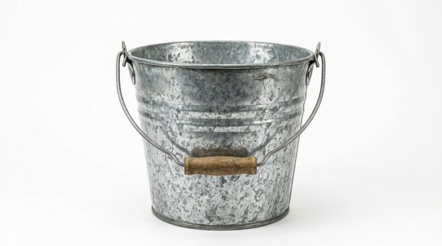 Galvanized metal bucket with wooden handle, vintage silver zinc pail for gardening and decor, rustic steel container isolated on white background