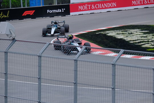 May 25, 2026, Montreal, Canada, Mercedes F1 car driven by Antonelli and Russell during Formula 1 action. g.