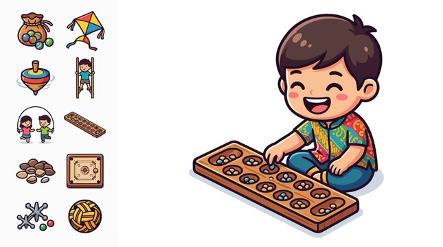 Cute chibi boy playing traditional Congkak board game wearing batik shirt with a collection of classic folk game icons like kite, spinning top, and takraw ball on white background.